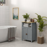 Meuble bas de salle de bain multi-rangements grande niche placard double porte gris et naturel
