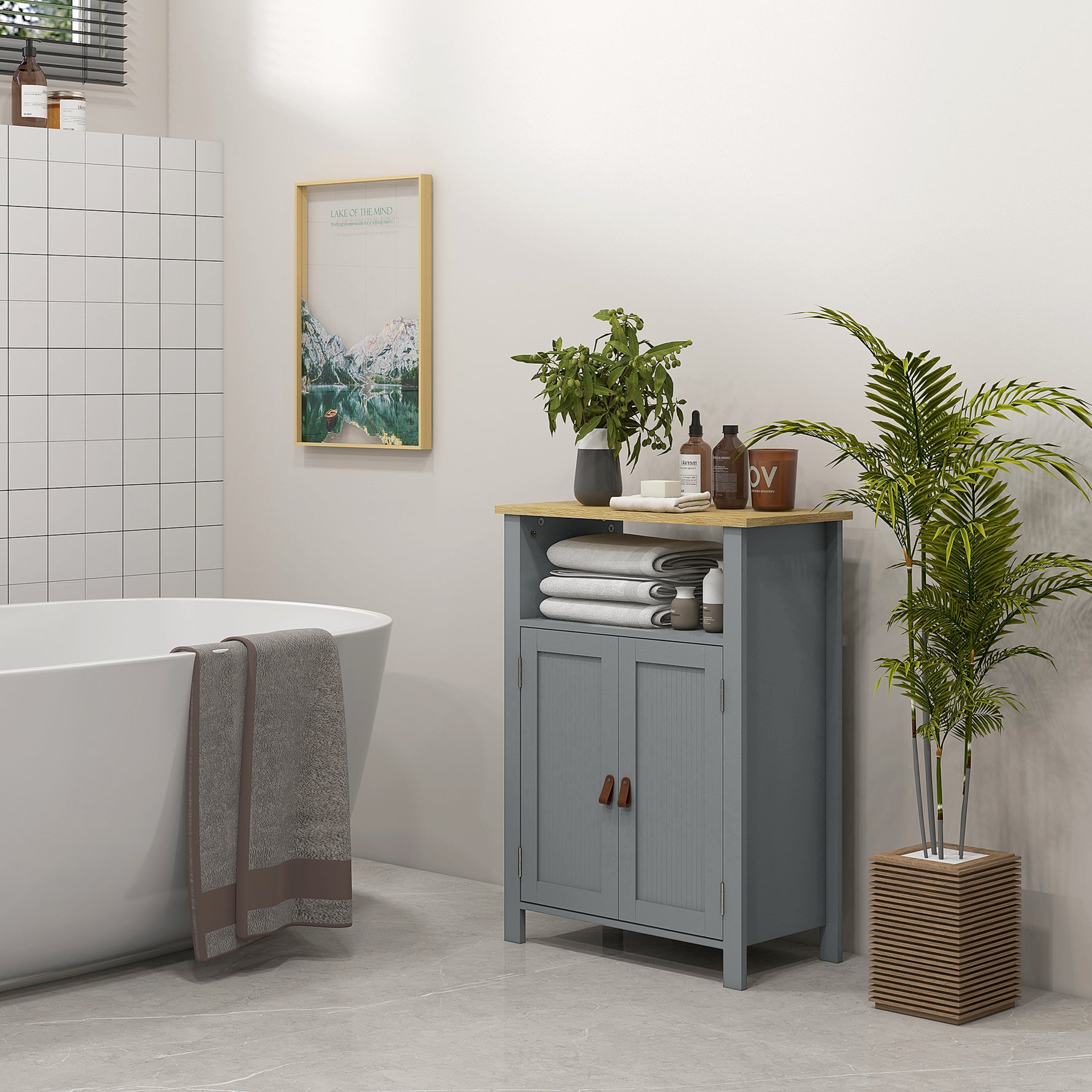 Meuble bas de salle de bain multi-rangements grande niche placard double porte gris et naturel