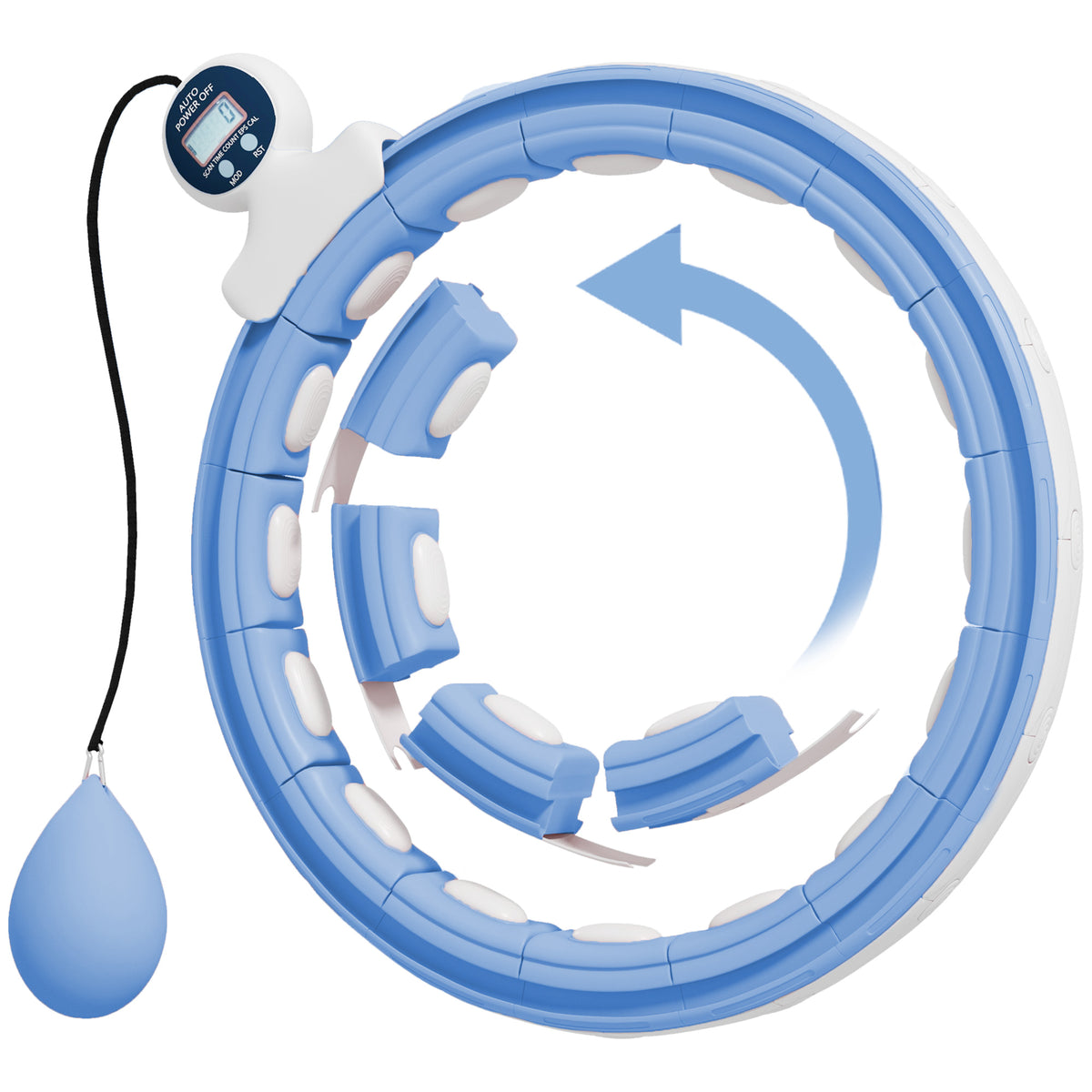 Hula Hoop con Nódulos de Masaje, ajustable de 76 a 113 cm de cintura, 16 segmentos extraíbles, azul claro