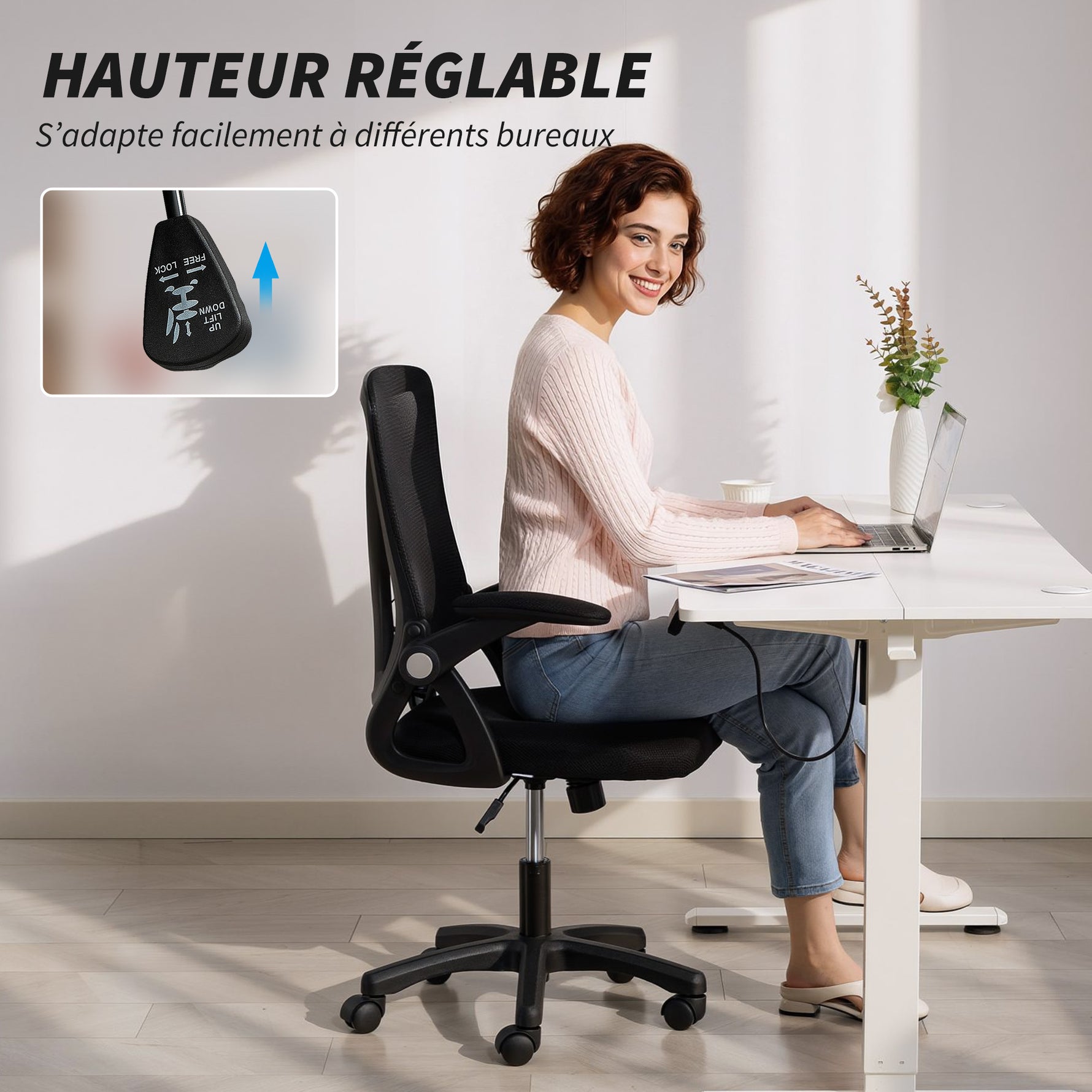 Chaise bureau ergonomique, fauteuil de bureau en maille, accoudoirs relevables, hauteur réglable, 59,5x56x103cm, noir