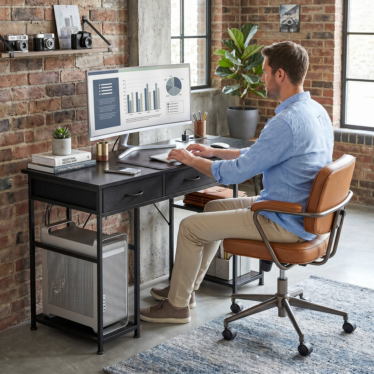 Bureau avec rangement avec prises de courant, 3 tiroirs en tissu et 4 étagères de rangement, 120 x 40 x 76 cm, noir