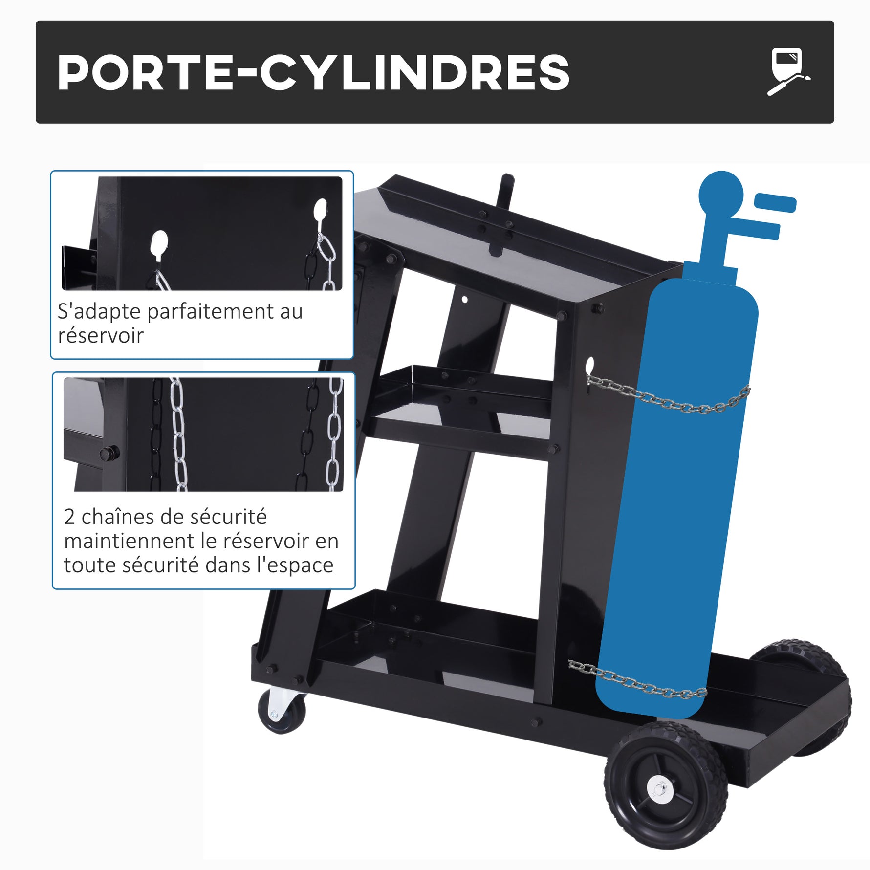 Chariot de soudage mobile à 3 niveaux avec 4 roues, porte-bouteille de gaz et chaînes de sécurité, charge 50 KG, noir
