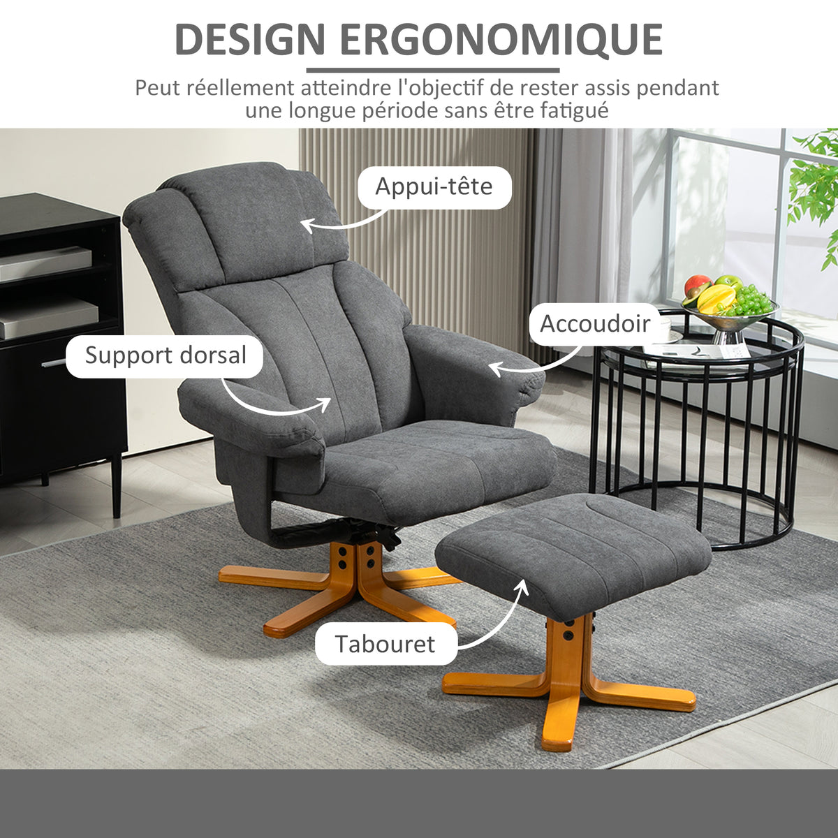 Fauteuil relax avec repose-pied, fauteuil de relaxation, dossier inclinable, assise rembourrée, 79x80x104cm, gris foncé