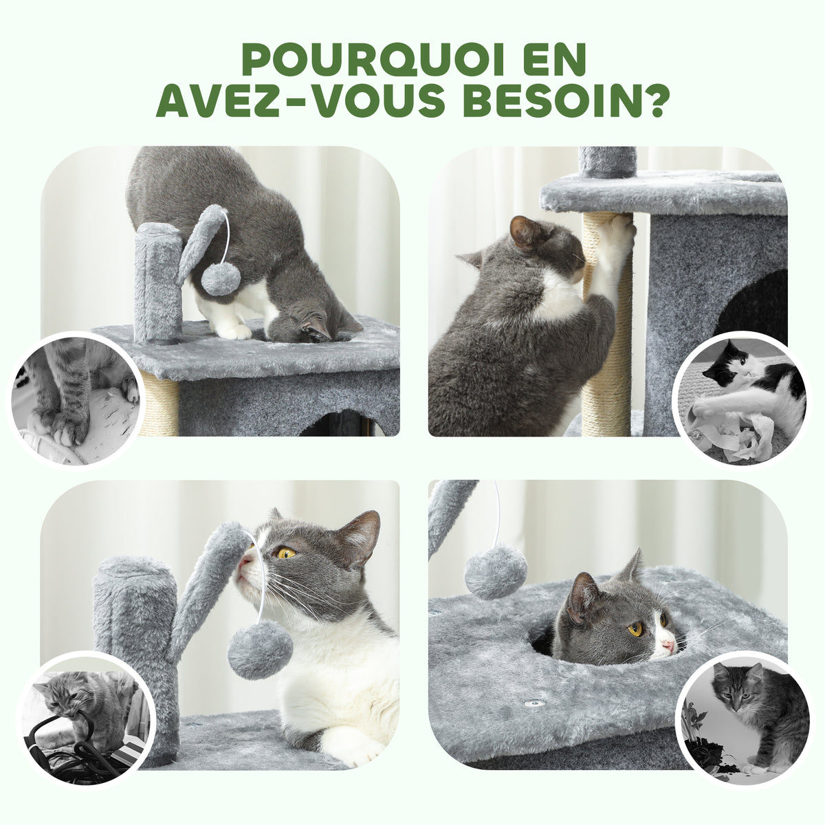 Arbre à chat à 3 niveaux tour pour chat 2 niches et surface de repos confortable, balle 43 x 33 x 80 cm gris foncé-7