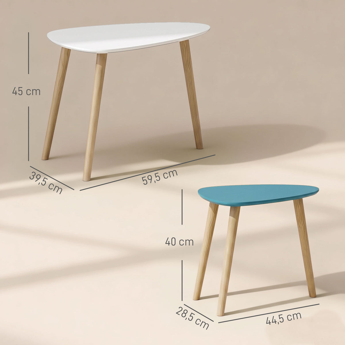 Set di 2 tavolini da salotto nidificanti design scandinavo, gambe in legno e piano in legno, bianco e blu