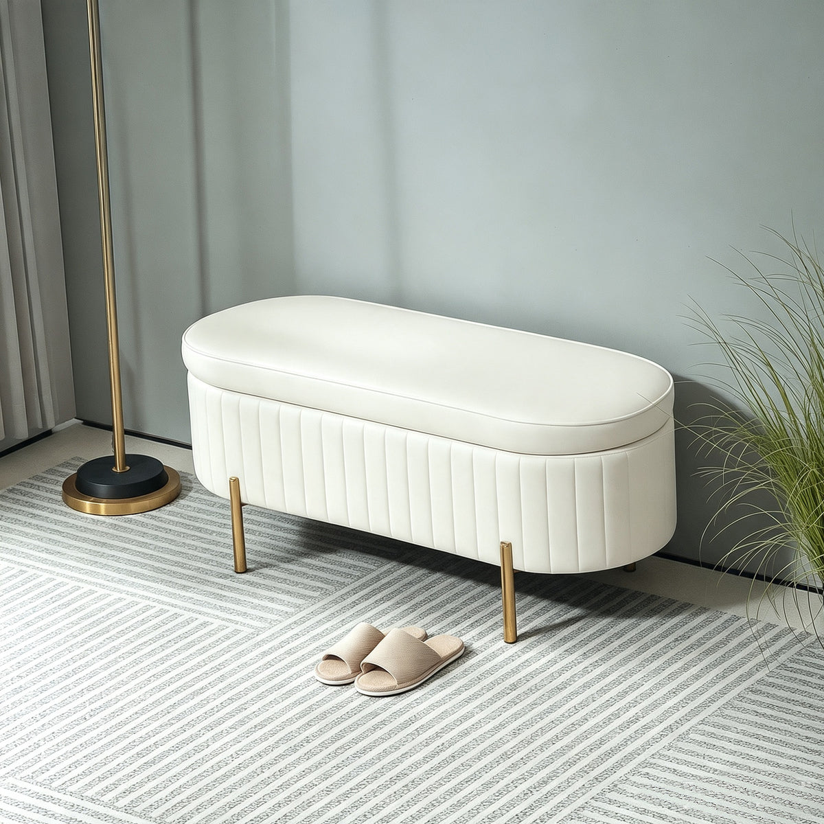 Banc de rangement, bout de lit en velours avec couvercle, pieds en métal, capacité 72 L, 108x44x43,5cm, crème-1