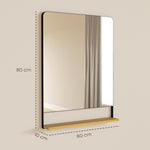 Miroir mural 80 x 60 cm avec étagère en bois, miroir rectangulaire moderne avec cadre en métal, noir