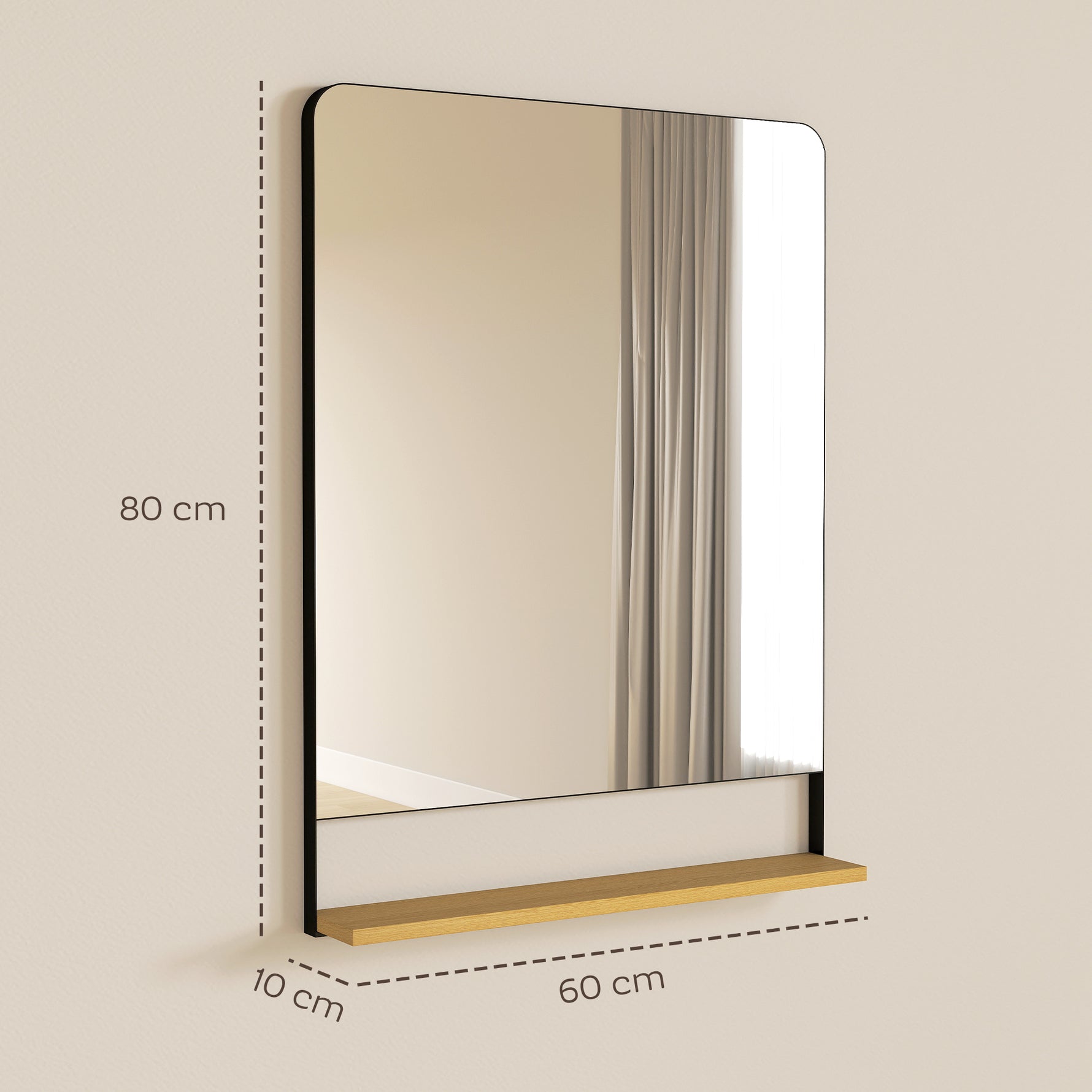 Miroir mural 80 x 60 cm avec étagère en bois, miroir rectangulaire moderne avec cadre en métal, noir