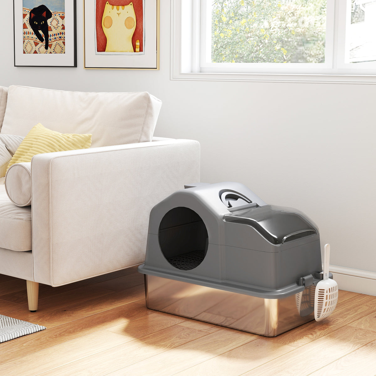 Maison de Toilette pour Chat avec Couvercle Amovible et Fermé, Côtés Hauts, 60,5x40,5x45cm, Gris Foncé