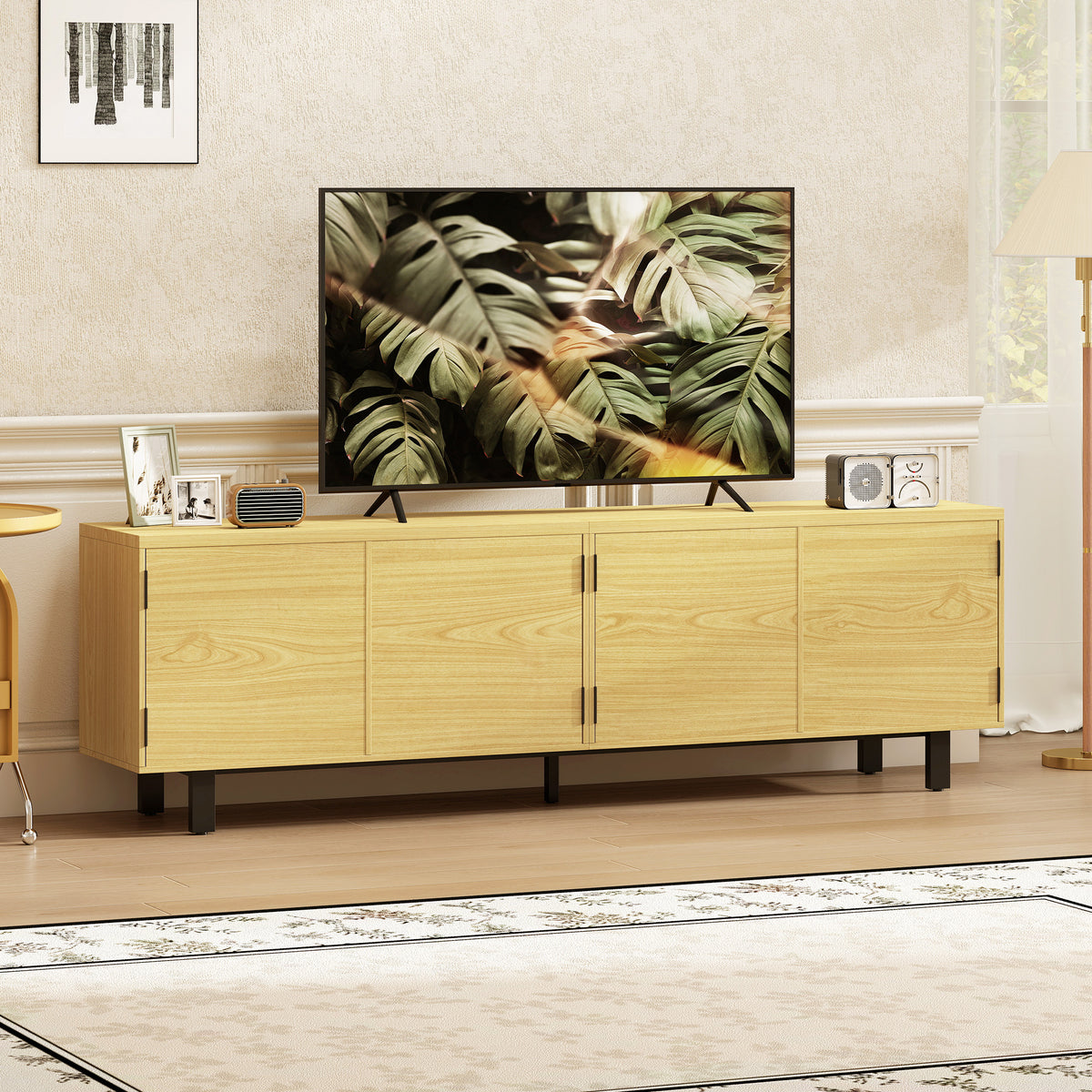 Meuble TV 180 cm, meuble télé pour 82 pouces avec 4 portes à ouverture par pression 180x35x55,5cm bois naturel