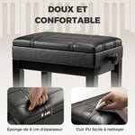Banquette tabouret siège pour piano coffre intégré hauteur réglable bois hévéa assise revêtement synthétique noir