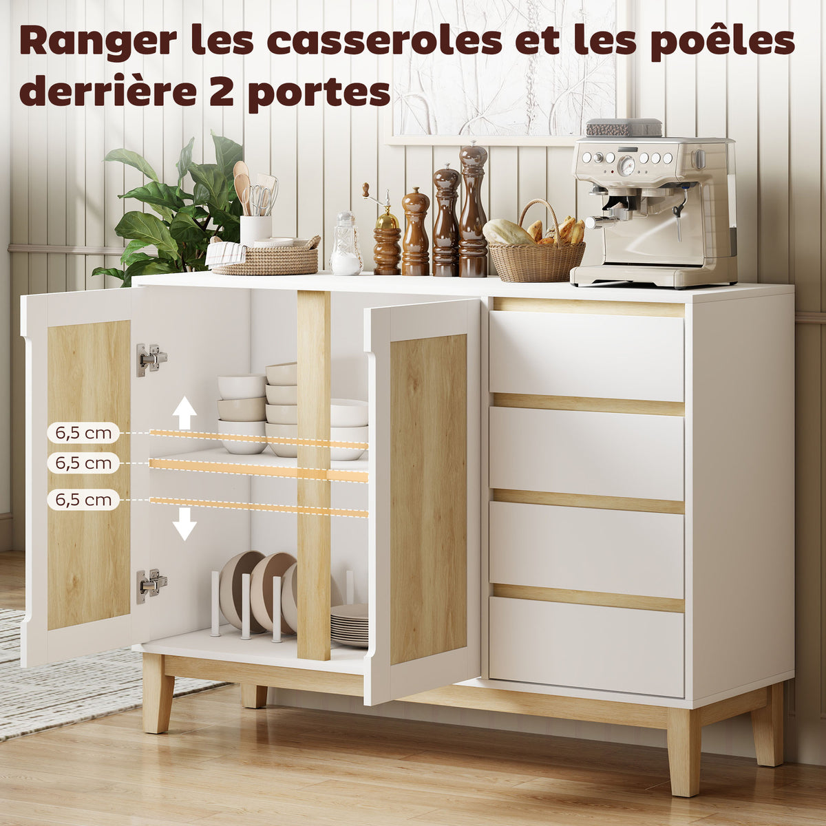 Buffet, meuble de rangement avec 2 portes et 4 tiroirs, étagère réglable, 120 x 40 x 86 cm, blanc et chêne