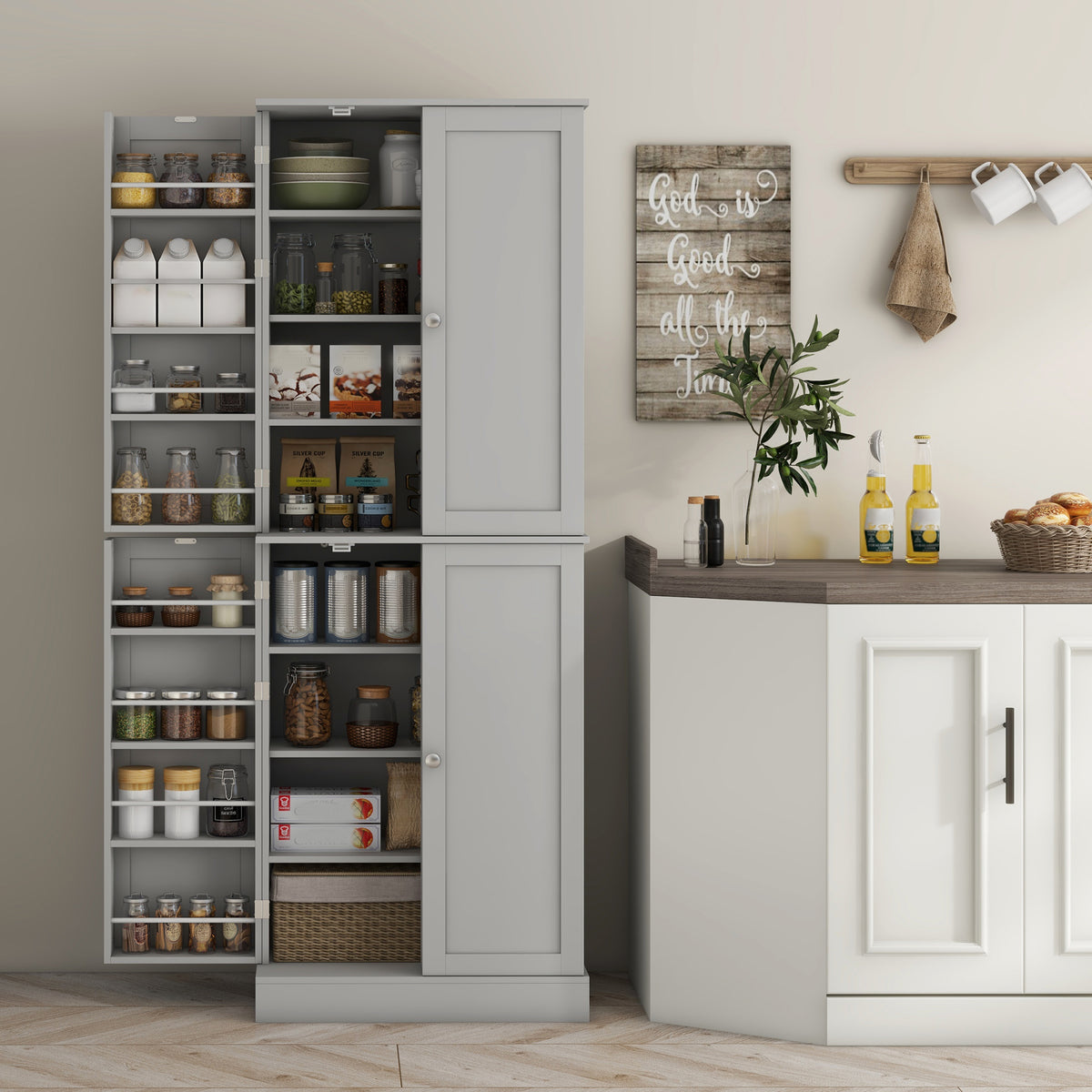 Credenza da cucina con armadietti, ripiano regolabile e portaspezie, 60 x 35 x 166 cm, grigio