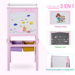 3-in-1 Kindertafel – Kinderstaffelei – doppelseitige Tafel – Whiteboard und Kreidetafel – Papierrolle mit Zubehör + integrierte Aufbewahrungskörbe – MDF, Rosa