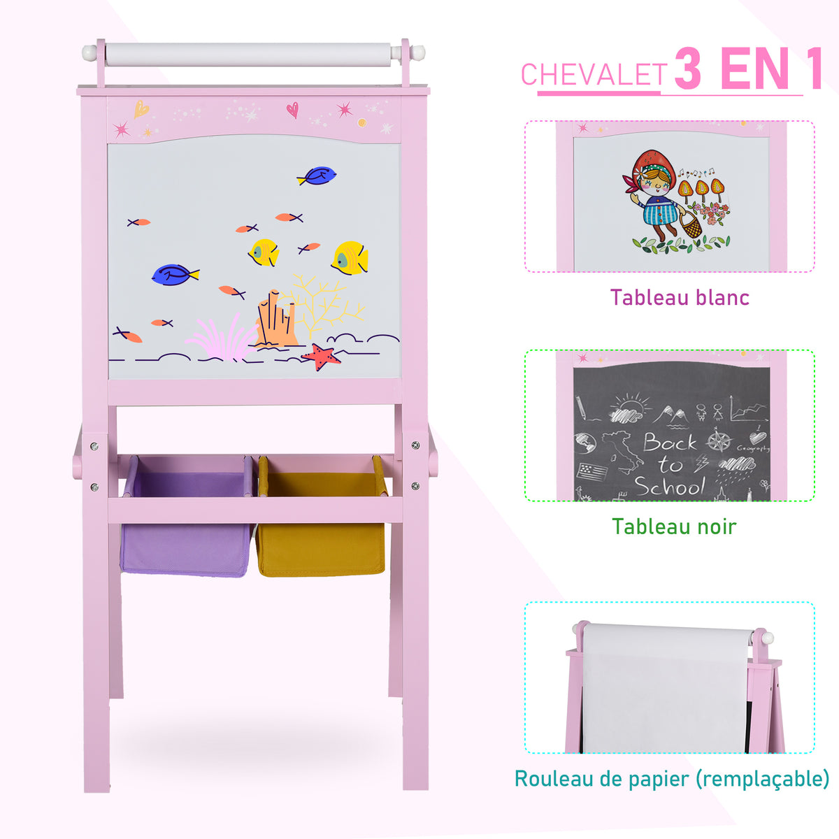3-in-1 Kindertafel – Kinderstaffelei – doppelseitige Tafel – Whiteboard und Kreidetafel – Papierrolle mit Zubehör + integrierte Aufbewahrungskörbe – MDF, Rosa
