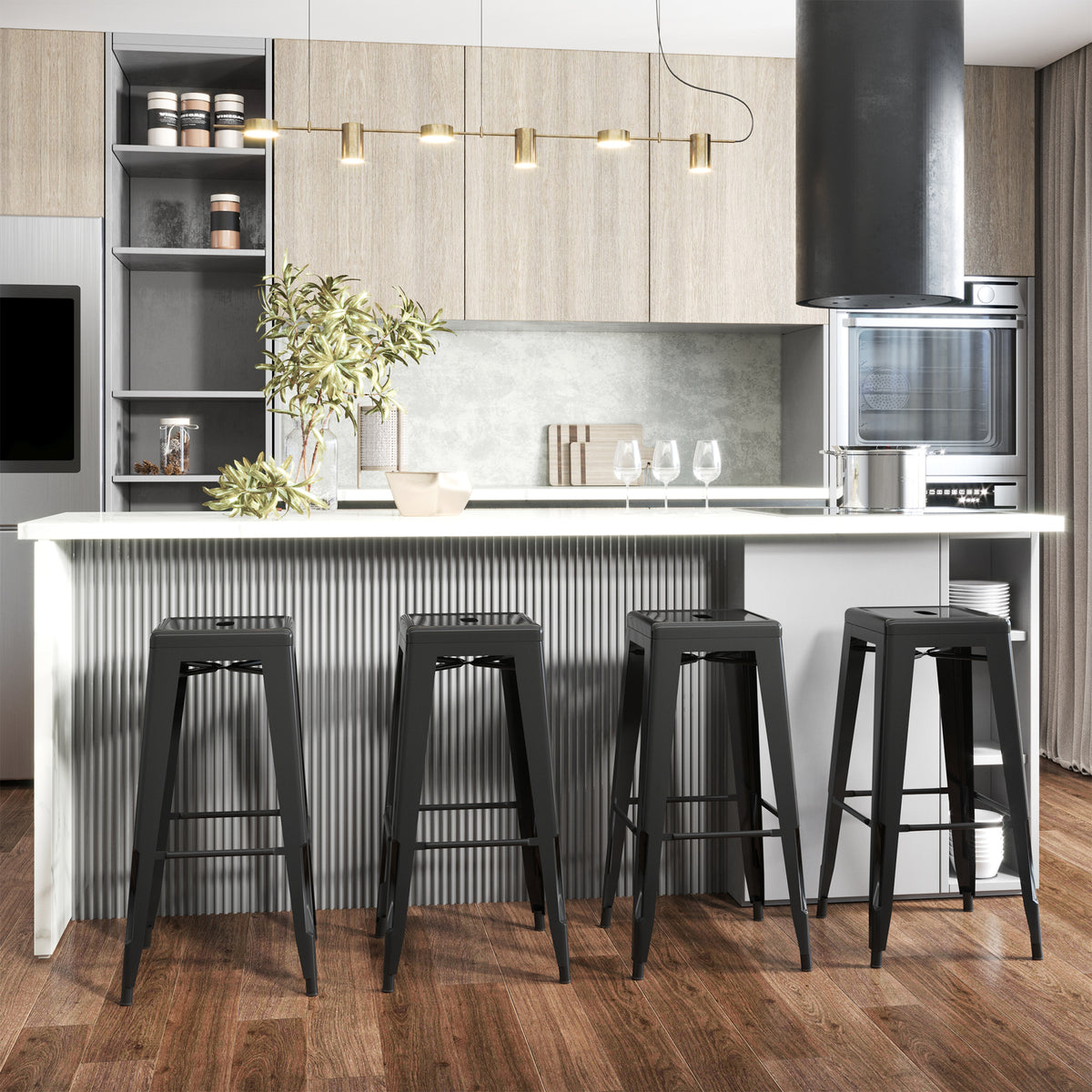 Lot de 4 tabourets de Bar Empilable Chaise de Bar Industriel avec Repose-Pied Hauteur d'Assise 76 cm, cadre en métal, style rétro, pour salle à manger, balcon, bistrot ou bar, Noir