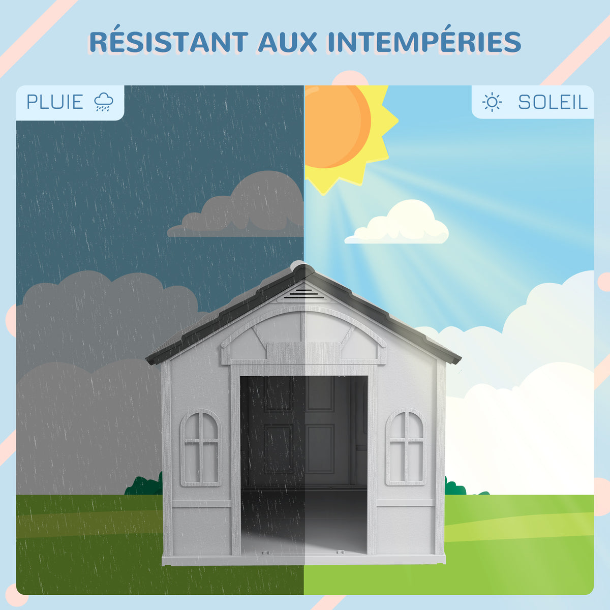 Niche pour Chien Extérieur pour Chiens Moyens et Grands, Maison pour Chien en PP Imperméable avec Toit en Pente, Porte Avant Ouverte et Ouverture d'Aération au-Dessus, 65 x 75,7 x 63 cm, Gris