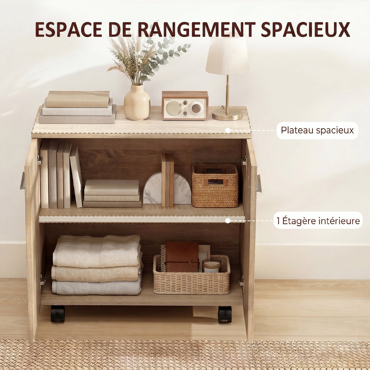 Meuble de Rangement Buffet bas sur roulettes avec 2 Portes étagère Interne 60 x 35 x 65 cm bois naturel