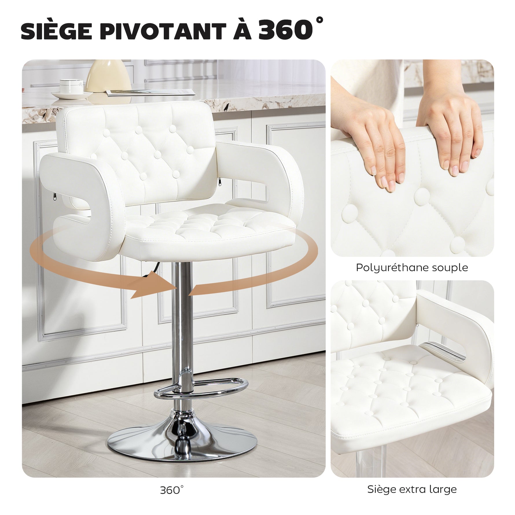 Tabouret de bar pivotant chaise de bar réglable en hauteur avec dossier repose-pieds et accoudoirs 61x50x93-113cm blanc