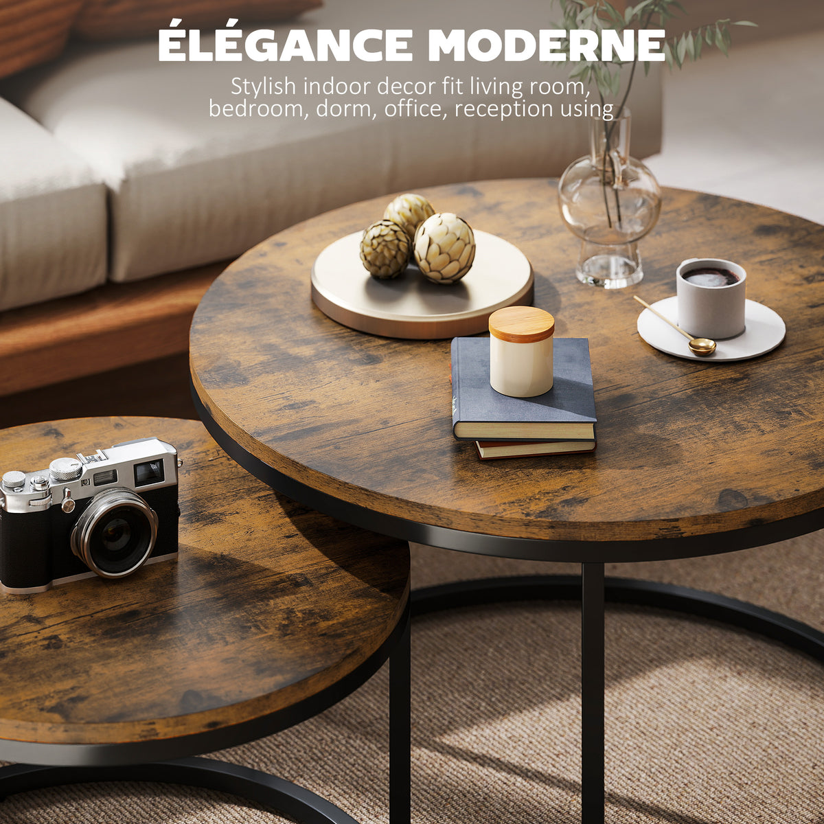 Lot de 2 tables basses gigognes empilable design industriel plateau imitation ciment pieds en métal brun rustique