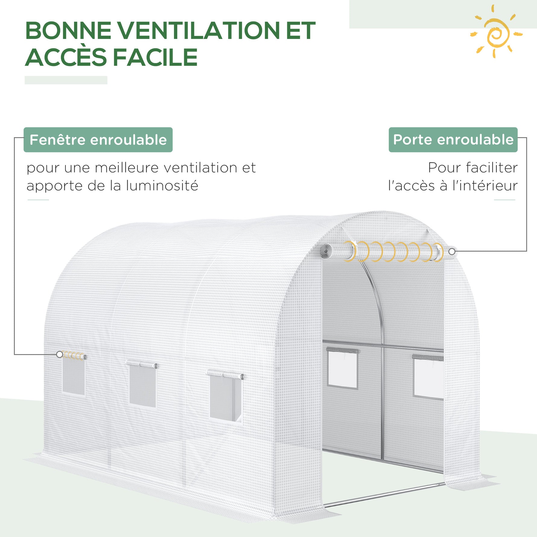 Bâche de Rechange Serre Tunnel 6 m², bâche PE Anti-UV imperméable 6 fenêtres + Porte Enroulable zippée Blanc