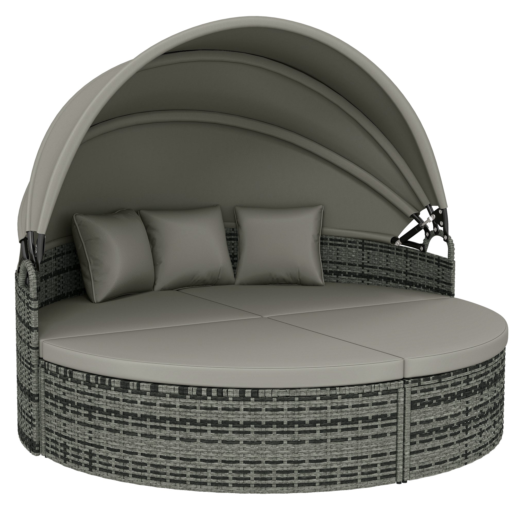 Lettino prendisole rotondo, letto da giardino modulabile 3 pezzi in polyrattan con tettuccio retrattile, grigio chiaro