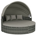 Lettino prendisole rotondo, letto da giardino modulabile 3 pezzi in polyrattan con tettuccio retrattile, grigio chiaro