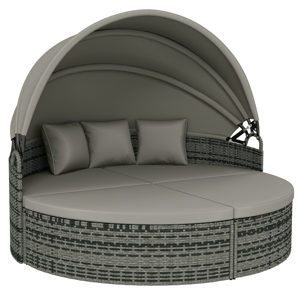 Lettino prendisole rotondo, letto da giardino modulabile 3 pezzi in polyrattan con tettuccio retrattile, grigio chiaro