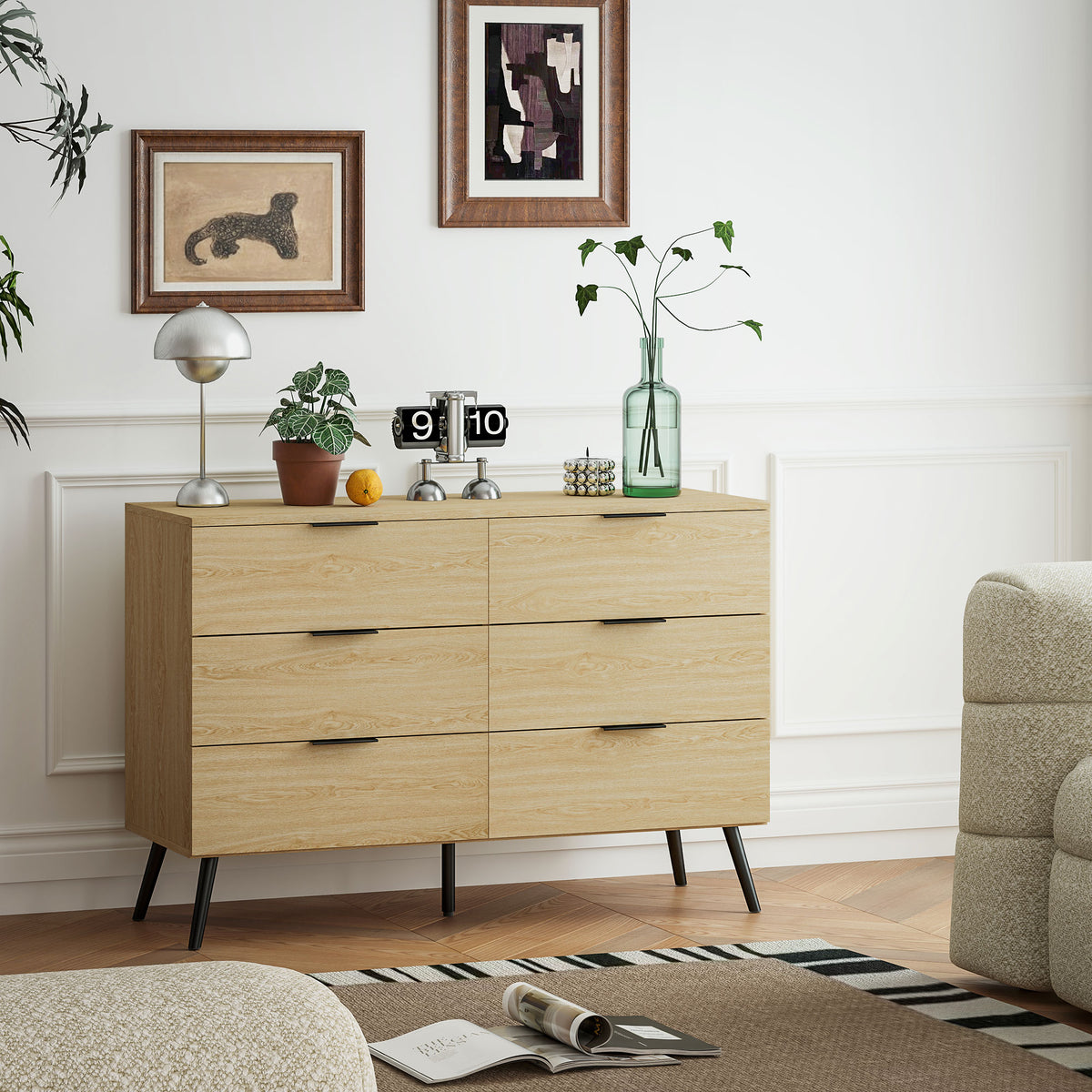 Commode 6 tiroirs Commode moderne pour chambre à coucher avec design anti-basculement 110L x 40l x 75H cm Aspect bois