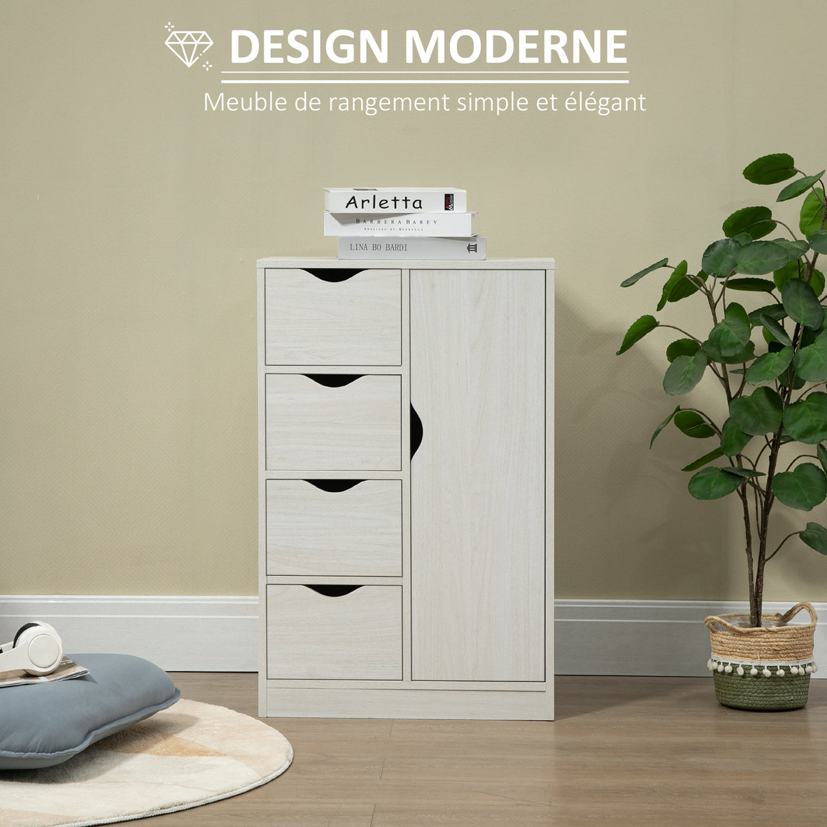 Meuble de rangement buffet commode moderne 1 placard et 4 tiroirs - en bois - pour salon, cuisine, entrée, salle à manger - blanc