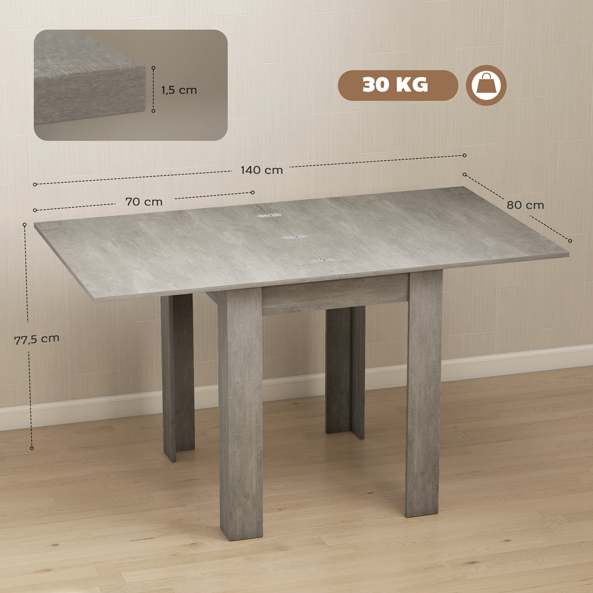 Tavolo da pranzo rettangolare allungabile per 4-6 persone, tavolo da cucina 70-140 cm, feltrini, grigio