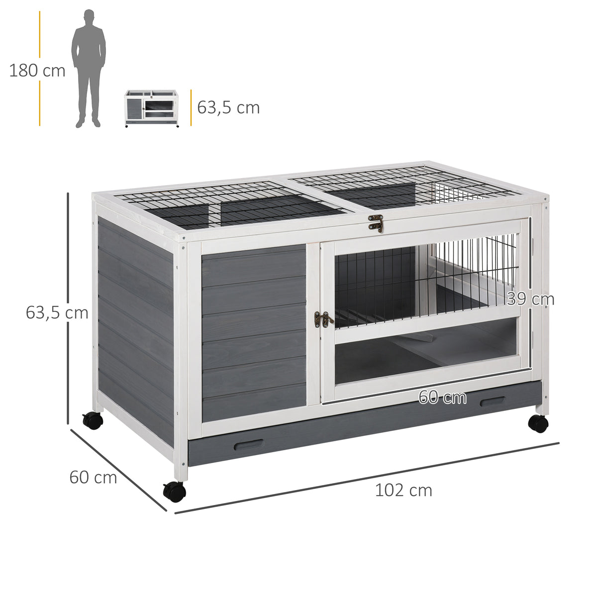Clapier en bois cage à lapin villa pour lapin avec plateau coulissant, porte verrouillable, dessus ouvrable gris