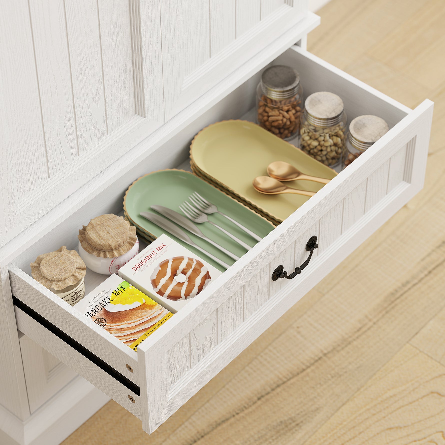 Buffet haut cuisine, armoire de cuisine, LED à capteur, 2 portes, tiroirs et étagères réglables, 76x39,5x183cm, blanc