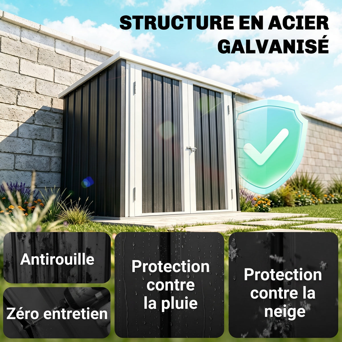Abri de Jardin - cabane de jardin 1,09 m² - cabanon rangement outils 2 Portes verrouillables - dim. 147L x 86l x 134H cm - tôle d'acier Noir Blanc