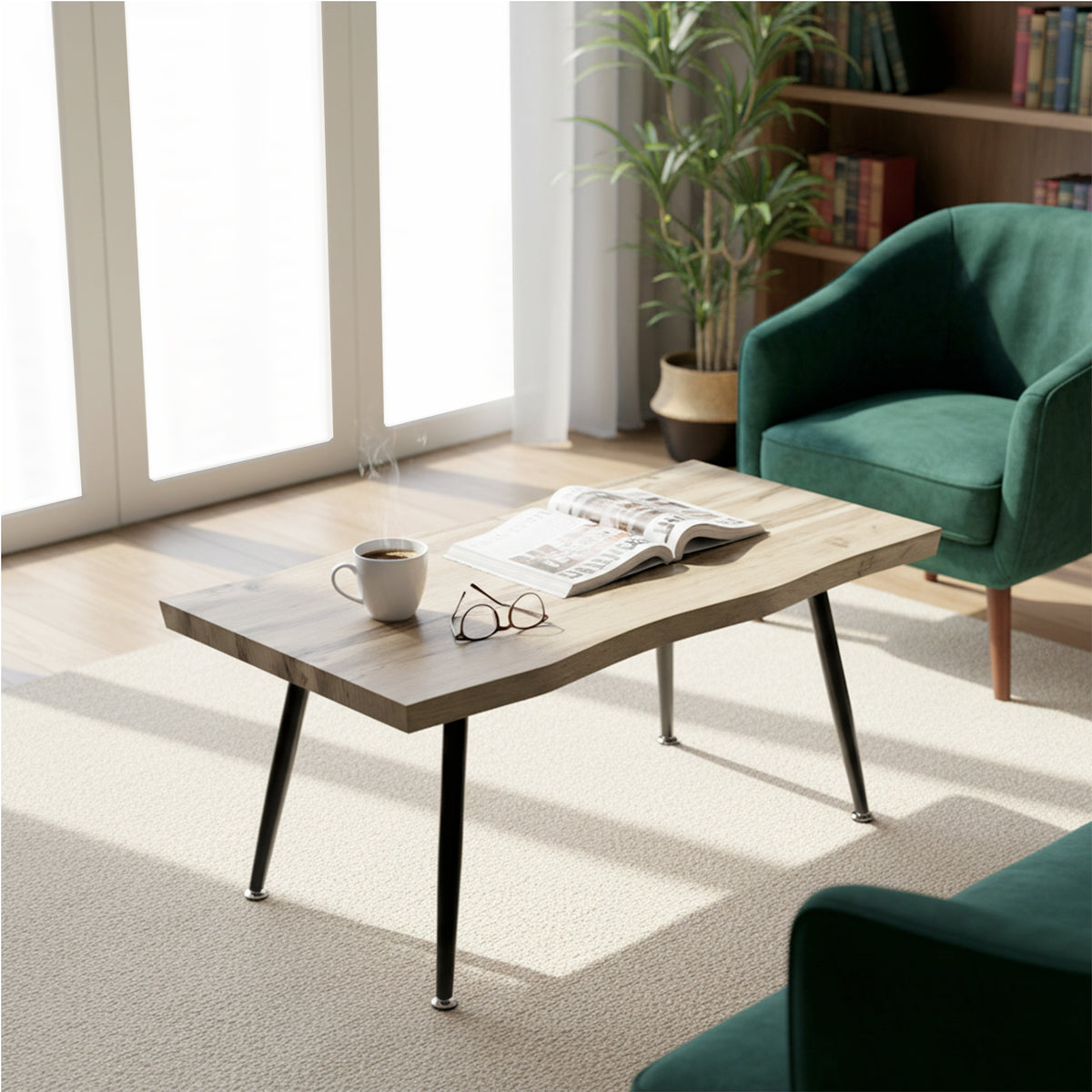 Table basse, table d'appoint moderne avec pieds en acier et plateau épais de 4 cm, 100 x 50 x 45 cm, chêne et noir