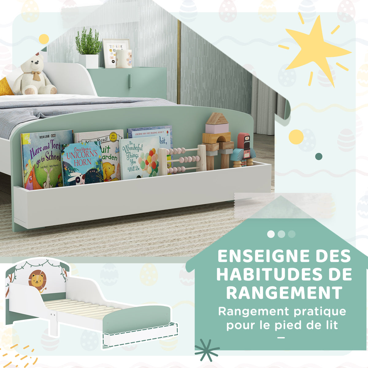 Lit enfant 70 x 140 cm, lit pour enfant avec barriere de securite et sommier à lattes, espace de rangement, vert