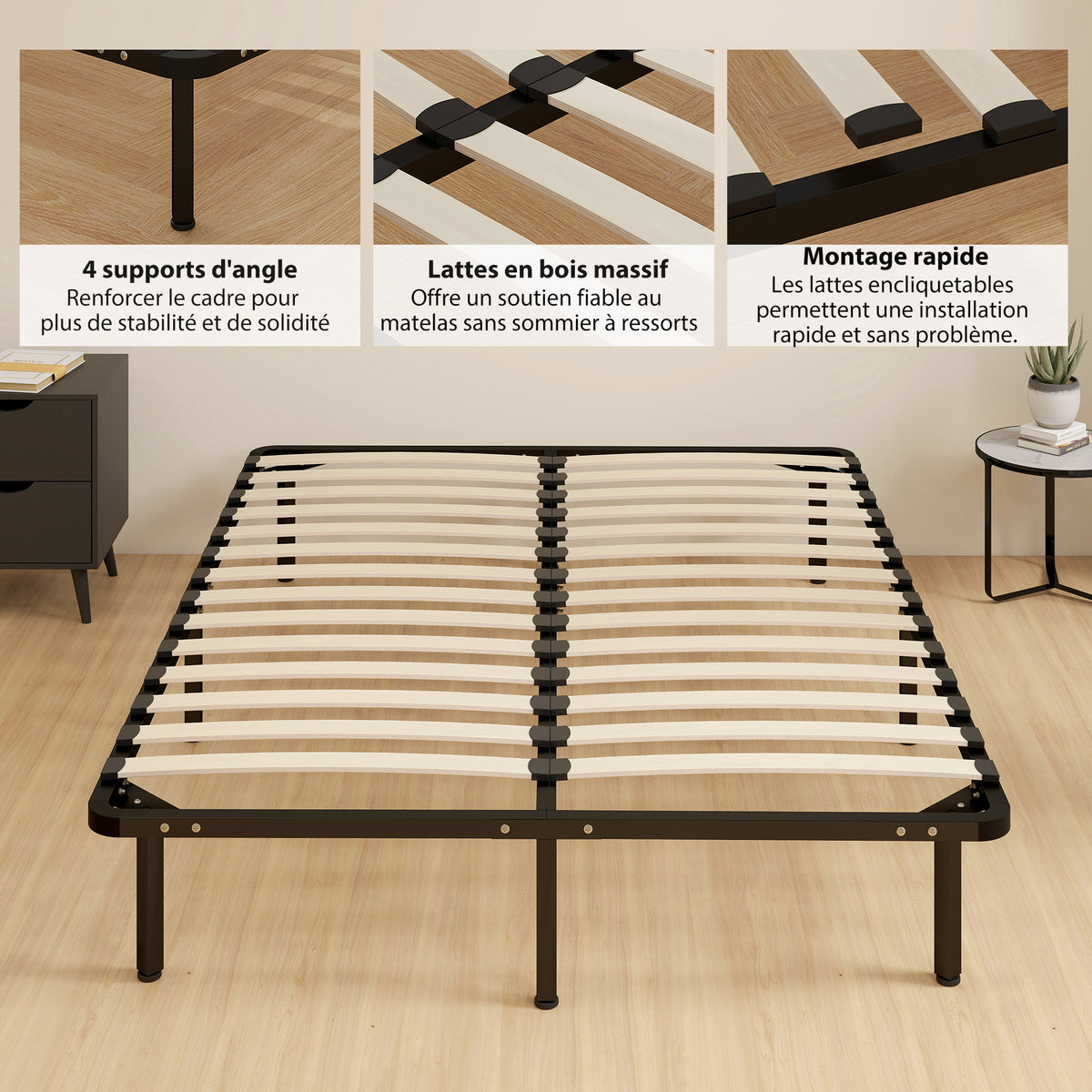 Bedframe 140 x 190 cm, tweepersoonsbed van massief hout met lattenbodem en voeteneinde, opbergruimte eronder, zwart