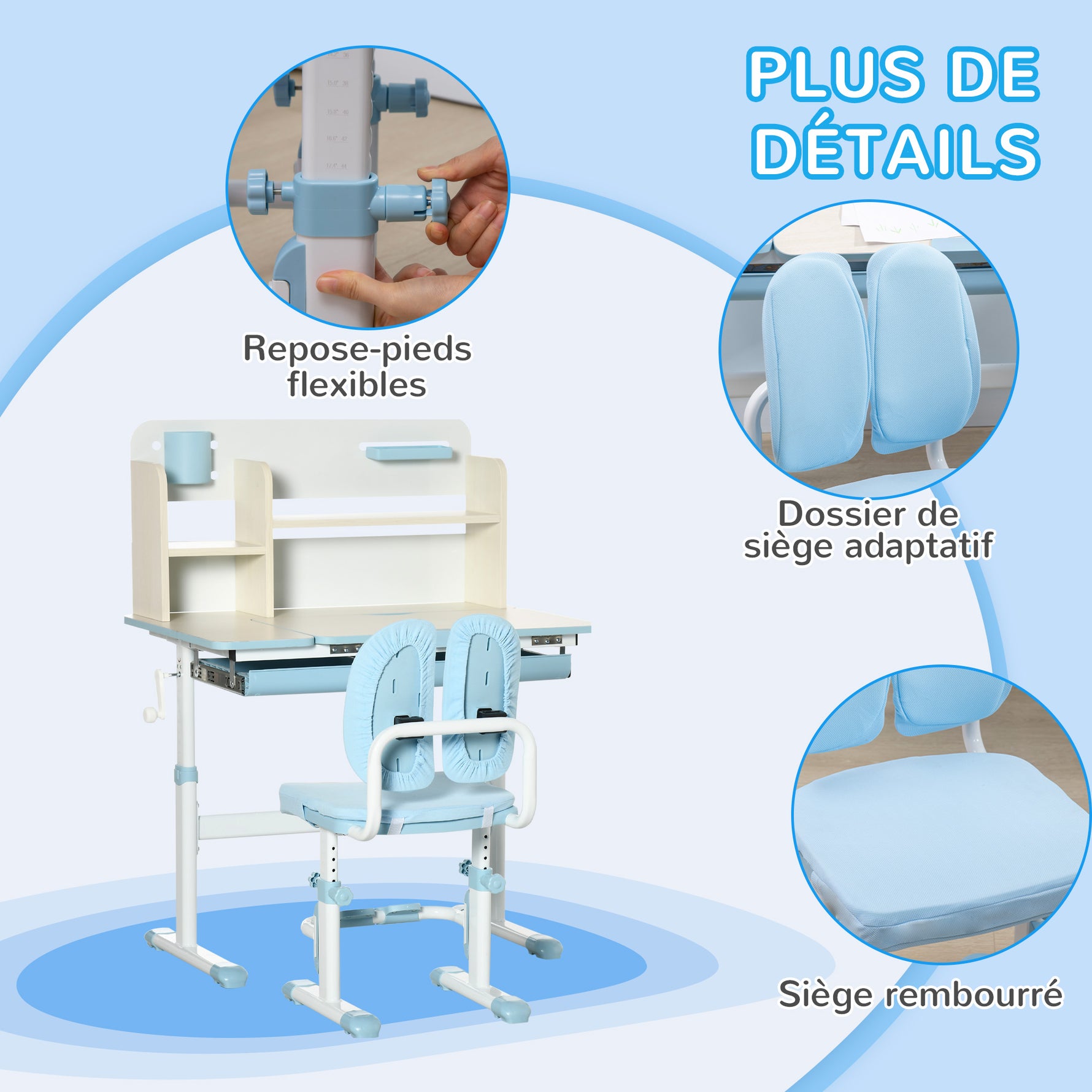 Ensemble bureau et chaise pour enfants hauteur réglable et plateau inclinable 0-60° table 80 x 52 x 88-109 cm bleu
