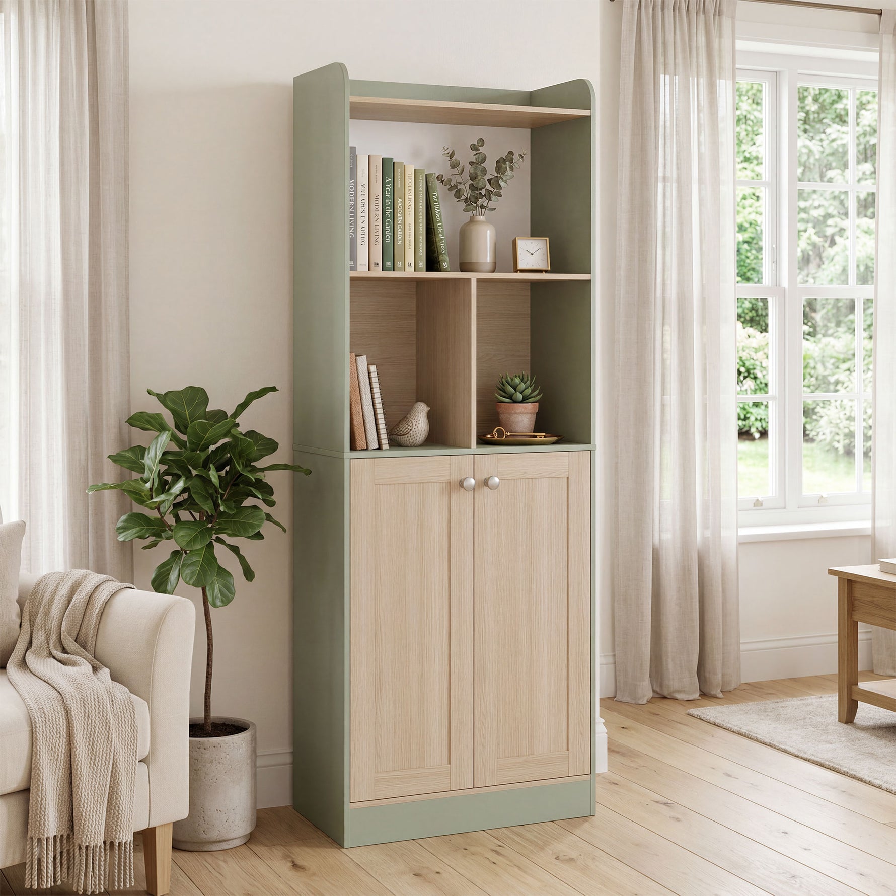 Bibliothèque à 5 niveaux, meuble de rangement, étagère à livres avec 2 portes, 60 x 30 x 161,2 cm vert et bois naturel