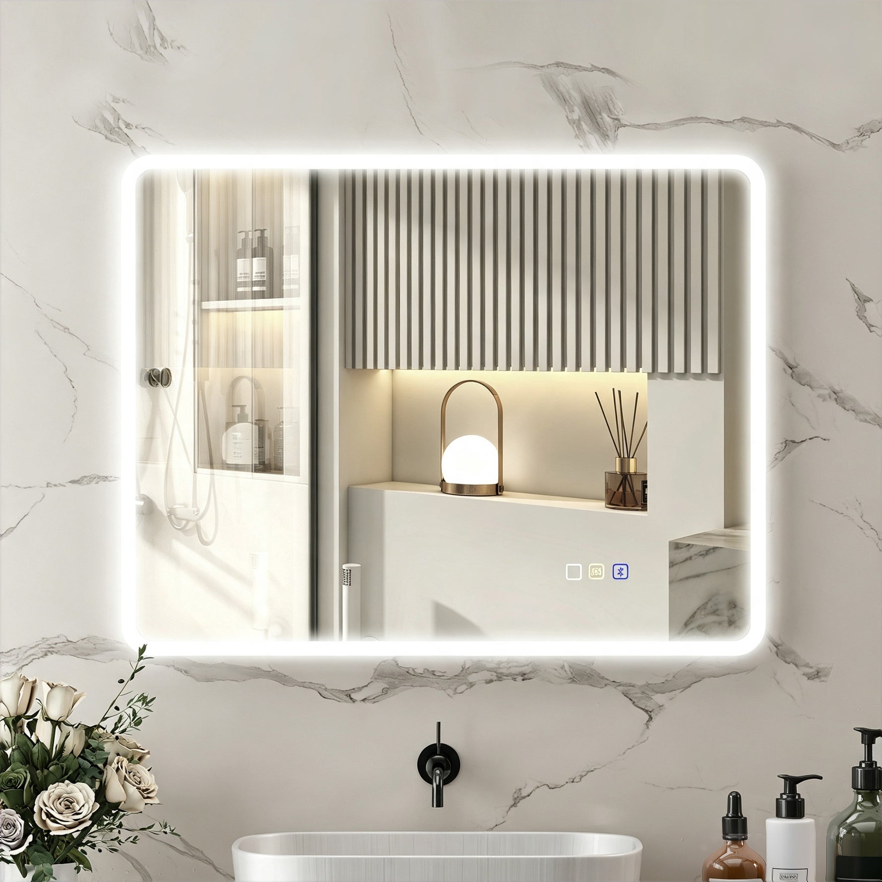 Miroir salle de bain LED bluetooth 70 x 90 cm interrupteur tactile lumière réglable 3 couleurs anti-buée mémoire argent
