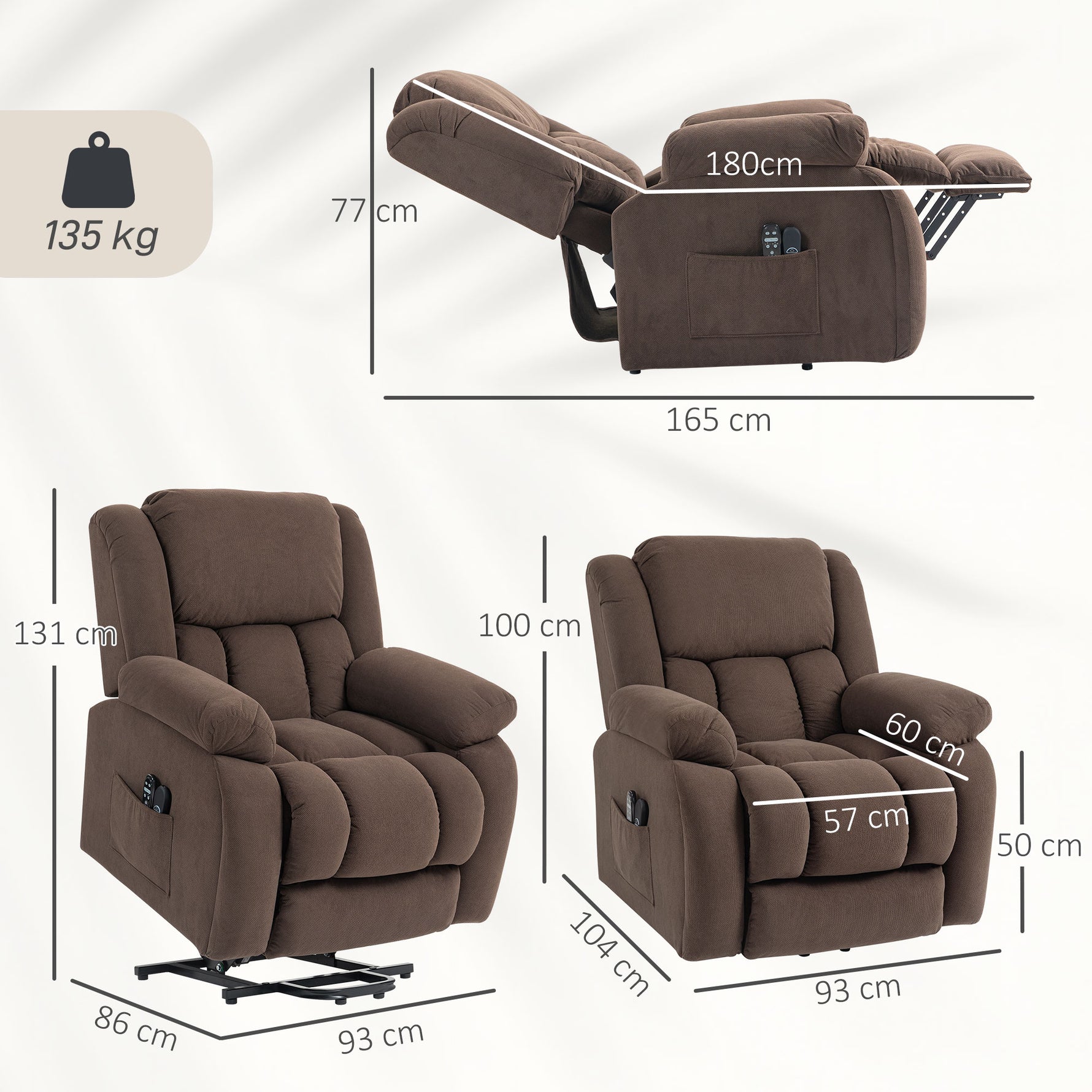 Fauteuil releveur électrique, fauteuil relax électrique avec fonction massage et chauffage, 93 x 104 x 100 cm, marron