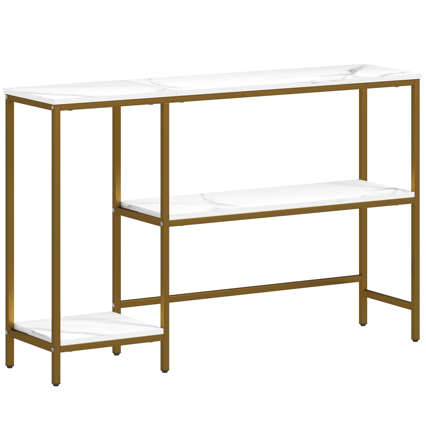 Console meuble 120 cm, table console 3 niveaux avec étagères de rangement, plateaux imitation marbre, blanc et doré