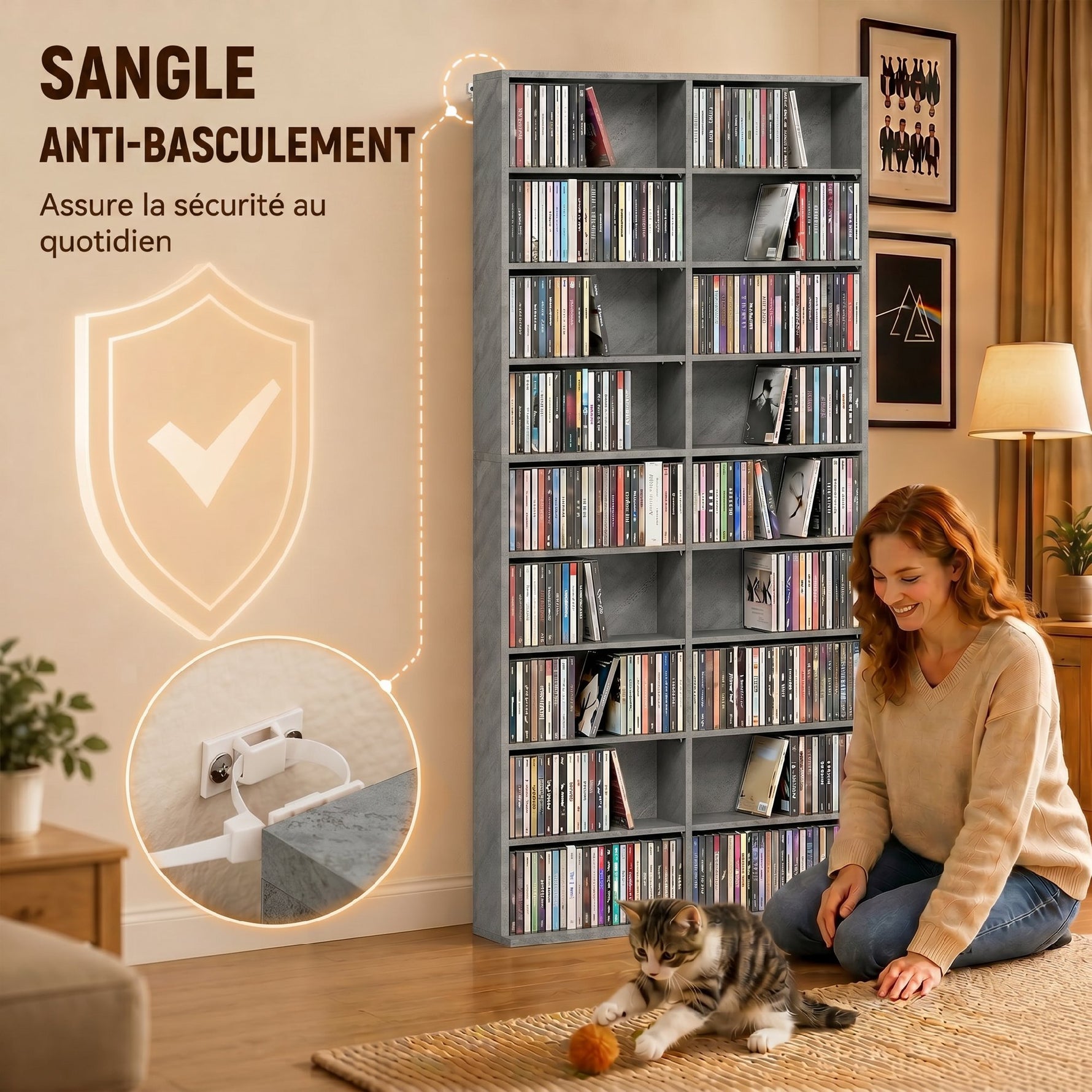 Rangements pour CD et DVD 18 compartiments capacité max. 640 CD/360 DVD 430 Blu-ray 78,5 x 24 x 175 cm gris clair