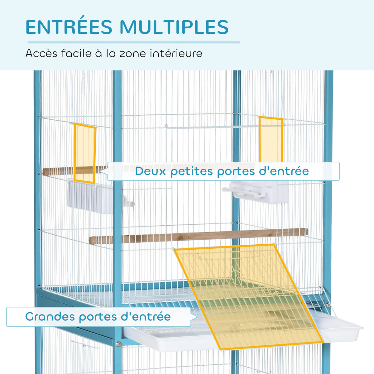 Grande Cage à Oiseaux sur Pied Double avec Mangeoires Perchoirs Plateau Amovible Roulettes 51,5 x 50 x 140 cm Bleu Clair