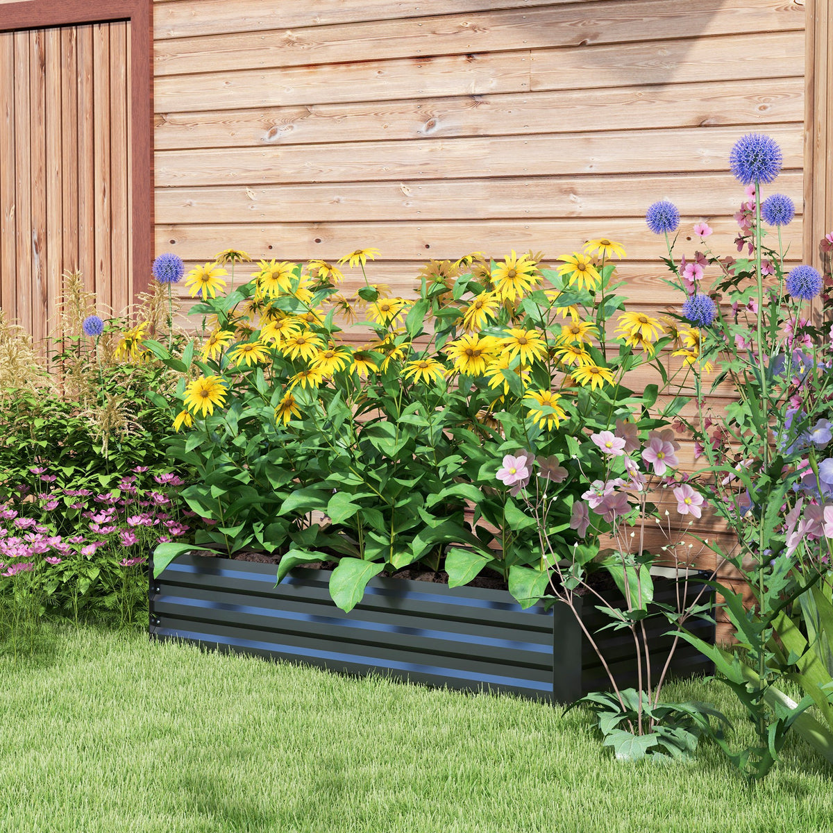 Jardinière rectangulaire potager de jardin bac à fleurs en acier avec bordure de sécurité et fond ouvert noir
