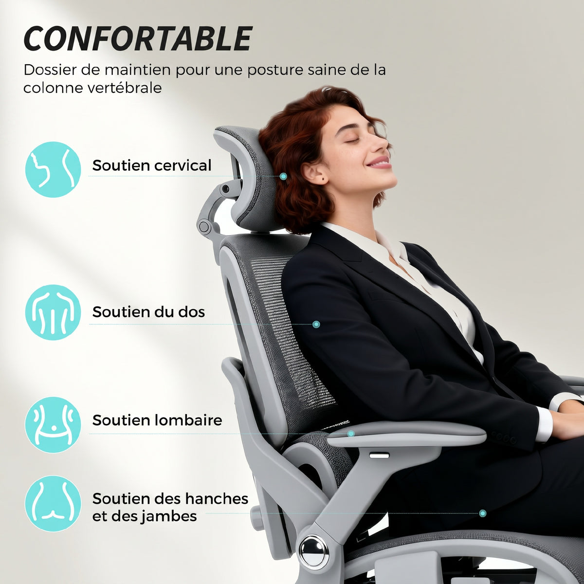 Chaise Bureau Ergonomique avec Accoudoirs 4D Appui-Tête et Profondeur d'Assise Réglables Maille Gris