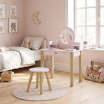 Toeletta per bambini in legno con specchio e sgabello, tavolo da trucco per bambini con cassetto e ripiano, da 3 a 6 anni, rosa