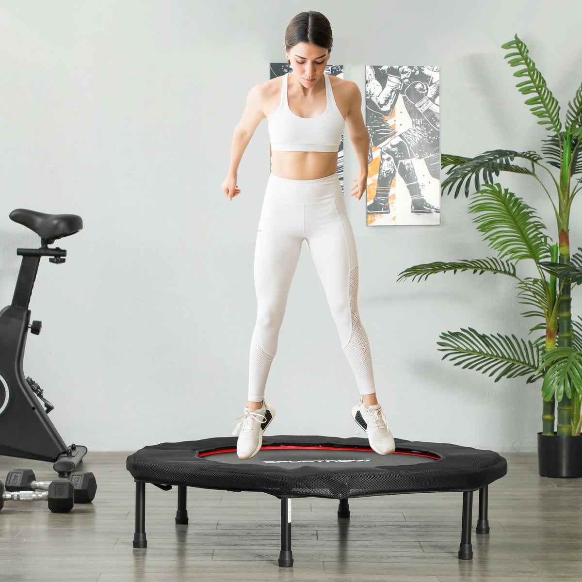 Trampolino fitness, Ø 102 cm, trampolino per esercizi, piedini antiscivolo, telaio in acciaio, portata 100 kg, rosso
