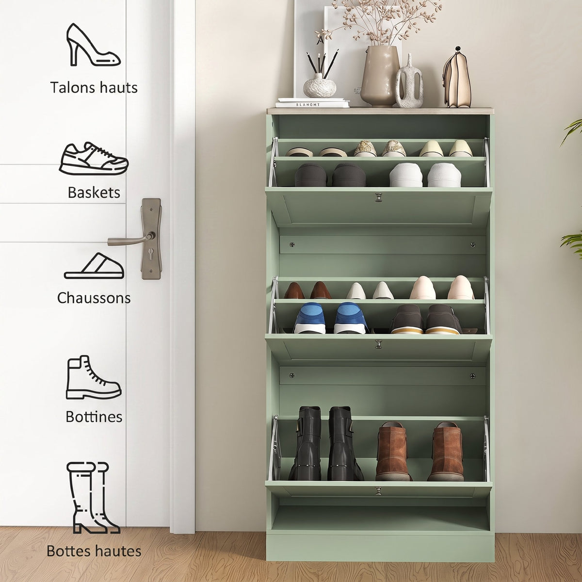 Meuble à Chaussures Style Moderne, 3 Portes Abattantes, 18 Paires de Chaussures, 60 x 23,5 x 115 cm, Vert
