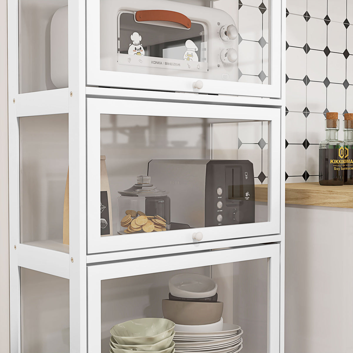 Vitrine pour collection buffet salon meuble de rangement à 4 niveaux avec portes à abattant, 59 x 30 x 139 cm, blanc